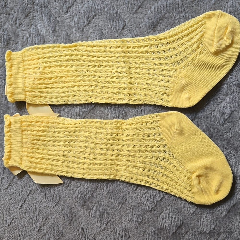 Baby Girl Toddler Knee High Crochet Knit Satin Bowknot Yellow Socks 12-24M - Picture 5 of 7